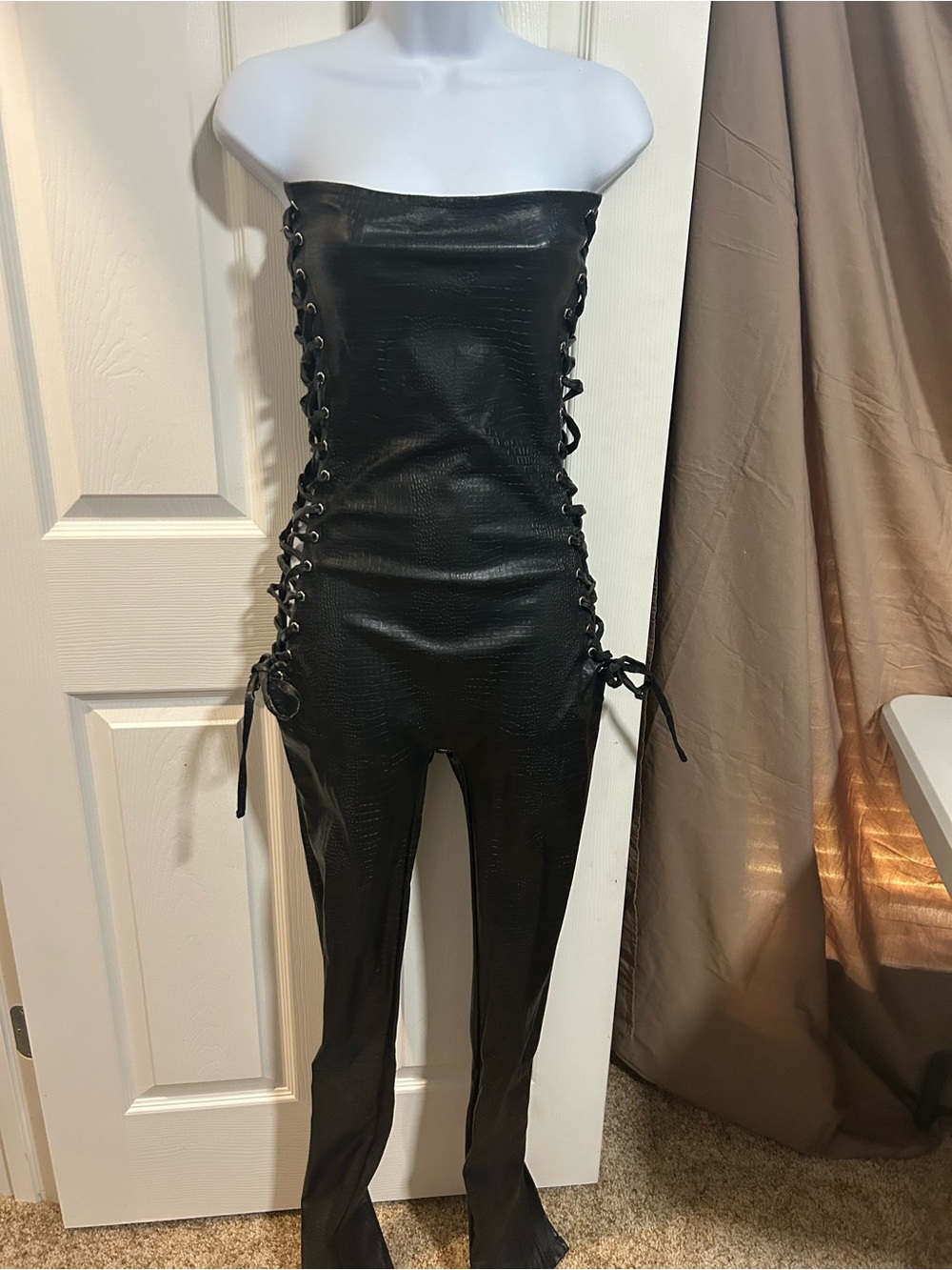 Fashion Nova Strapless Black Lace-Up Faux Leather Jumpsuit
